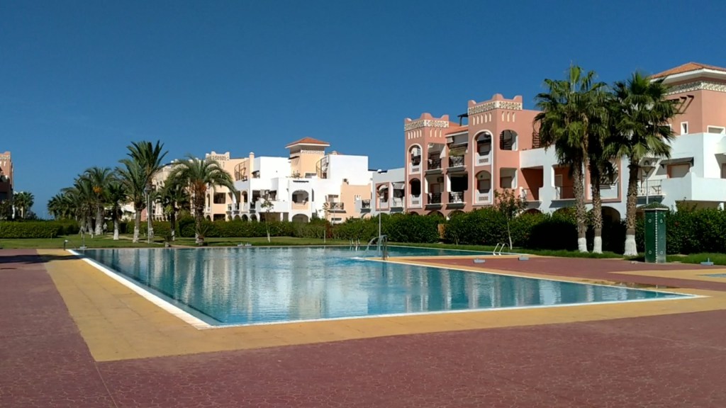 Vue d'une piscine bordée de palmiers avec des bâtiments en arrière-plan sous un ciel bleu.
